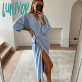 Lunivop Long Women Knitted Wrap Dress Spring Oversize Elegant Midi Sexy V Neck Knitwear Robe Ladies